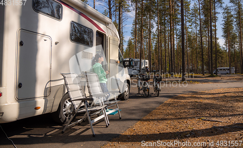 Image of Family vacation travel RV, holiday trip in motorhome