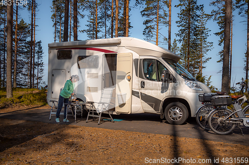 Image of Family vacation travel RV, holiday trip in motorhome