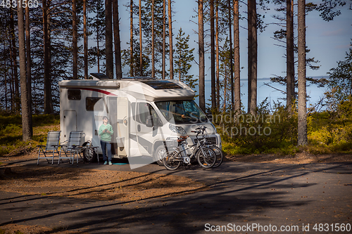 Image of Family vacation travel RV, holiday trip in motorhome