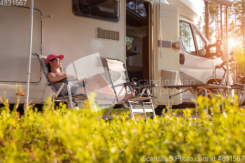 Image of Family vacation travel RV, holiday trip in motorhome