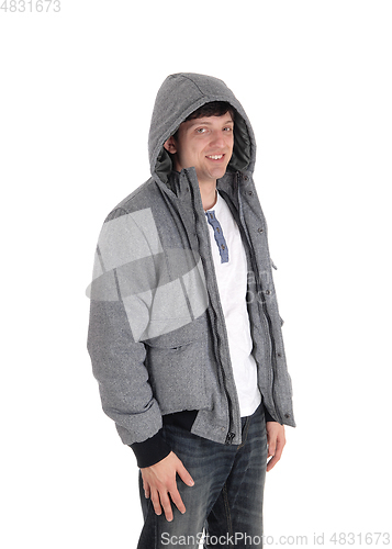 Image of Caucasian young man standing in a hoody