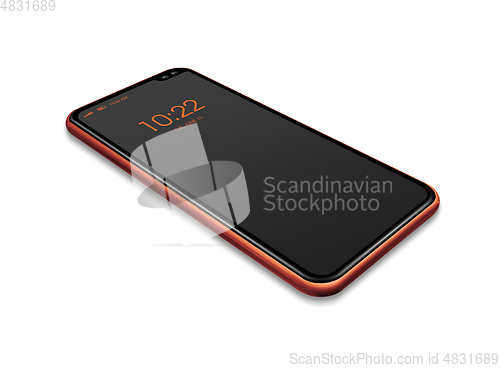 Image of All-screen black and orange smartphone mockup isolated on white.