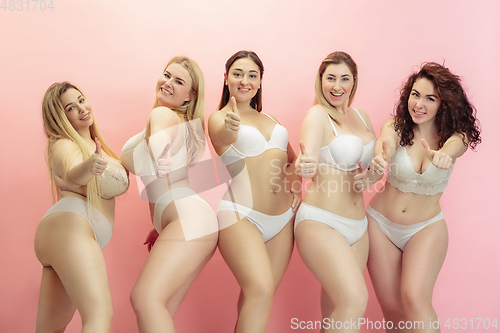 Image of Portrait of beautiful plus size young women posing on pink background