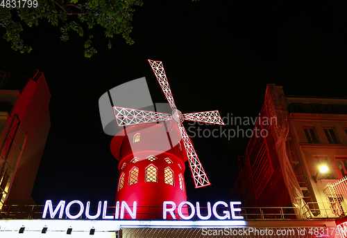 Image of View of the Moulin Rouge (Red Mill) at night in Paris, France