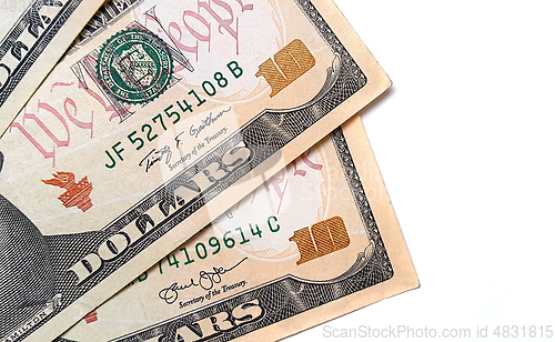 Image of Banknotes of ten american dollars on white background