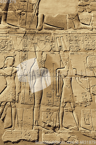 Image of Ancient egyptian hieroglyphs carved on the stone wall