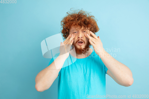 Image of Portrait of young caucasian man in his beauty day and skin care routine