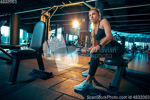 Image of The female athlete training hard in the gym. Fitness and healthy life concept.