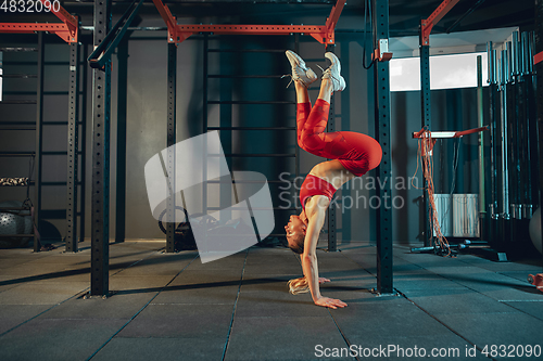 Image of The female athlete training hard in the gym. Fitness and healthy life concept.