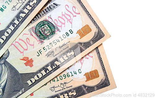 Image of Banknotes of ten american dollars on white background