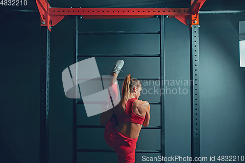 Image of The female athlete training hard in the gym. Fitness and healthy life concept.
