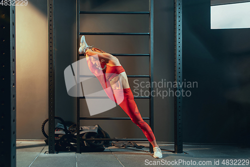 Image of The female athlete training hard in the gym. Fitness and healthy life concept.