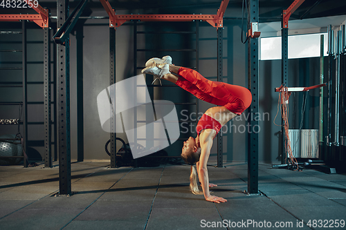 Image of The female athlete training hard in the gym. Fitness and healthy life concept.