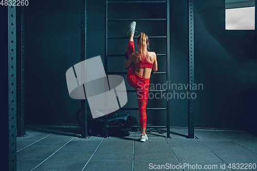 Image of The female athlete training hard in the gym. Fitness and healthy life concept.