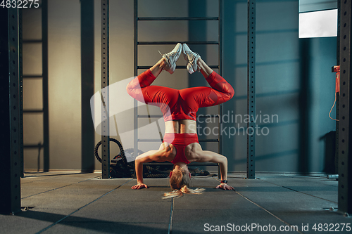 Image of The female athlete training hard in the gym. Fitness and healthy life concept.