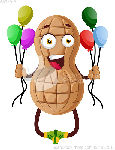 Image of Peanut with balloons, illustration, vector on white background.