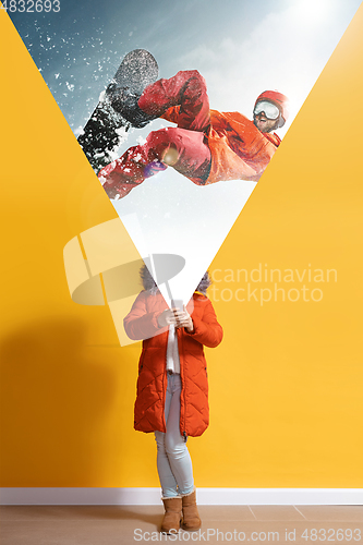 Image of Young caucasian woman with smartphone, opening world using her gadget