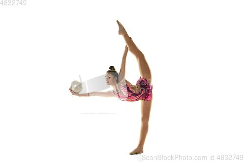 Image of Young flexible female gymnast isolated on white studio background