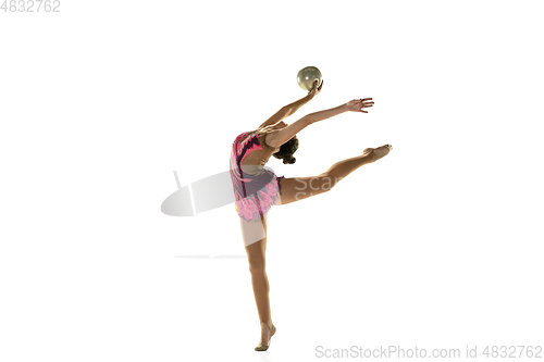 Image of Young flexible female gymnast isolated on white studio background