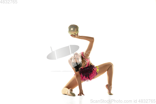 Image of Young flexible female gymnast isolated on white studio background