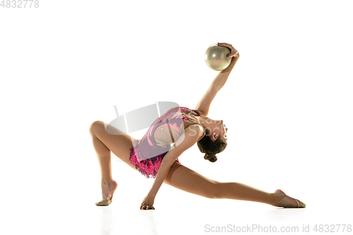 Image of Young flexible female gymnast isolated on white studio background