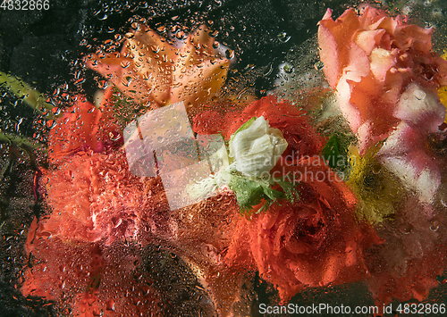 Image of Greeting card to Mother\'s, Parent\'s day. Retro styled, copyspace. Bouquet under glass with water drops