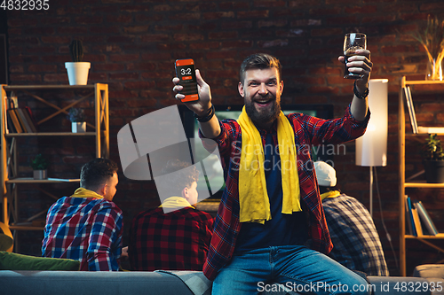 Image of Group of friends watching TV, sport match together. Emotional man cheering for favourite team, celebrating successful betting. Concept of friendship, leisure activity, emotions