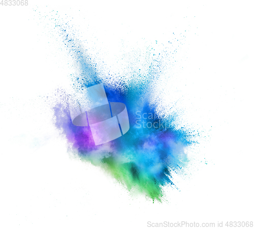 Image of Explosion of colored, fluid and neoned powder on white studio background with copyspace