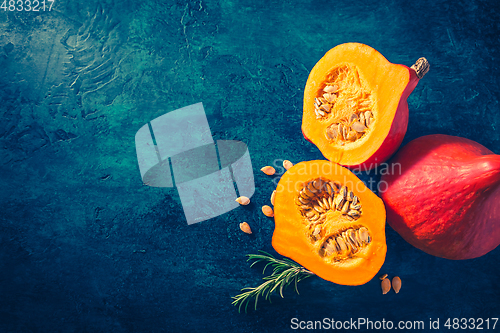 Image of Organic pumpkin with seeds ready for cooking