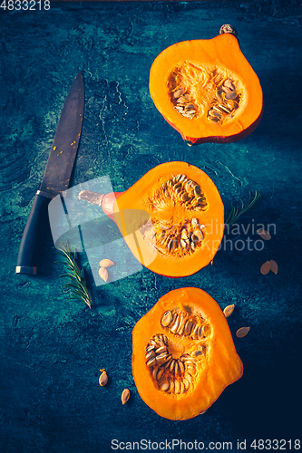 Image of Organic pumpkin with seeds ready for cooking