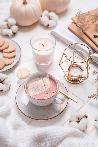 Image of Autumn and winter still life with hot chocolate and cocoa, cookies, candles