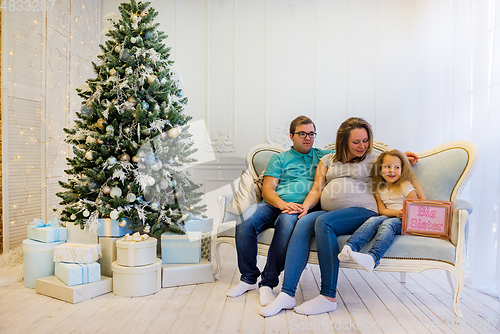 Image of Family portrait near christmas tree. Pregnant woman