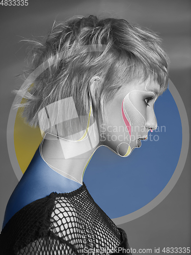Image of Young woman with fashionable look, stylish make-up and hairstyle, lines design
