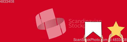 Image of Hands holding the signs of social media on red studio background, flyer