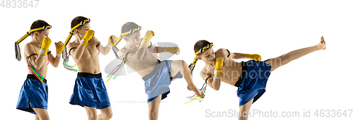 Image of Little boy exercising thai boxing on white background. Fighter practicing, training in martial arts in action, motion. Evolution of movement, catching moment.