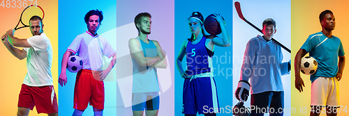 Image of Collage of different professional sportsmen, fit people in action and motion isolated on multicolored neon background. Flyer.