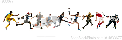 Image of Collage of different professional sportsmen, fit people in action and motion isolated on white background. Flyer.