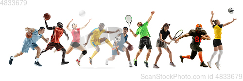 Image of Collage of different professional sportsmen, fit people in action and motion isolated on white background. Flyer.