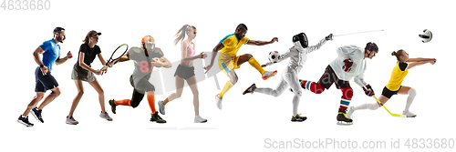 Image of Collage of different professional sportsmen, fit people in action and motion isolated on white background. Flyer.