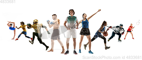 Image of Collage of different professional sportsmen, fit people in action and motion isolated on white background. Flyer.