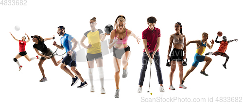 Image of Collage of different professional sportsmen, fit people in action and motion isolated on white background. Flyer.