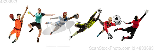 Image of Collage of different professional sportsmen, fit people in action and motion isolated on white background. Flyer.