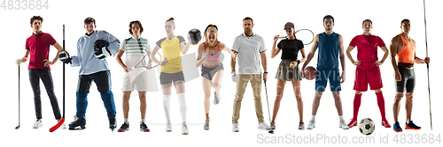 Image of Collage of different professional sportsmen, fit people in action and motion isolated on white background. Flyer.