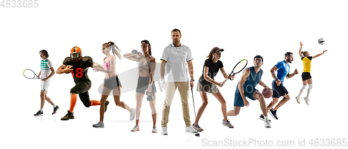 Image of Collage of different professional sportsmen, fit people in action and motion isolated on white background. Flyer.