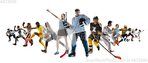 Image of Collage of different professional sportsmen, fit people in action and motion isolated on white background. Flyer.