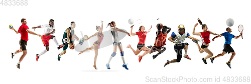 Image of Collage of different professional sportsmen, fit people in action and motion isolated on white background. Flyer.