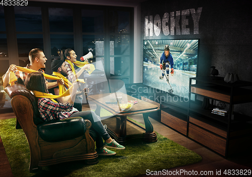 Image of Group of friends watching TV, hockey match, sport games