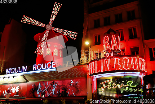 Image of View of the Moulin Rouge (Red Mill) at night in Paris, France