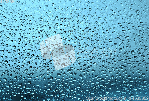 Image of Water drops on glass, green background