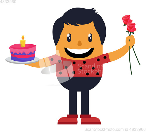 Image of Romantic man with cake and roses, illustration, vector on white 